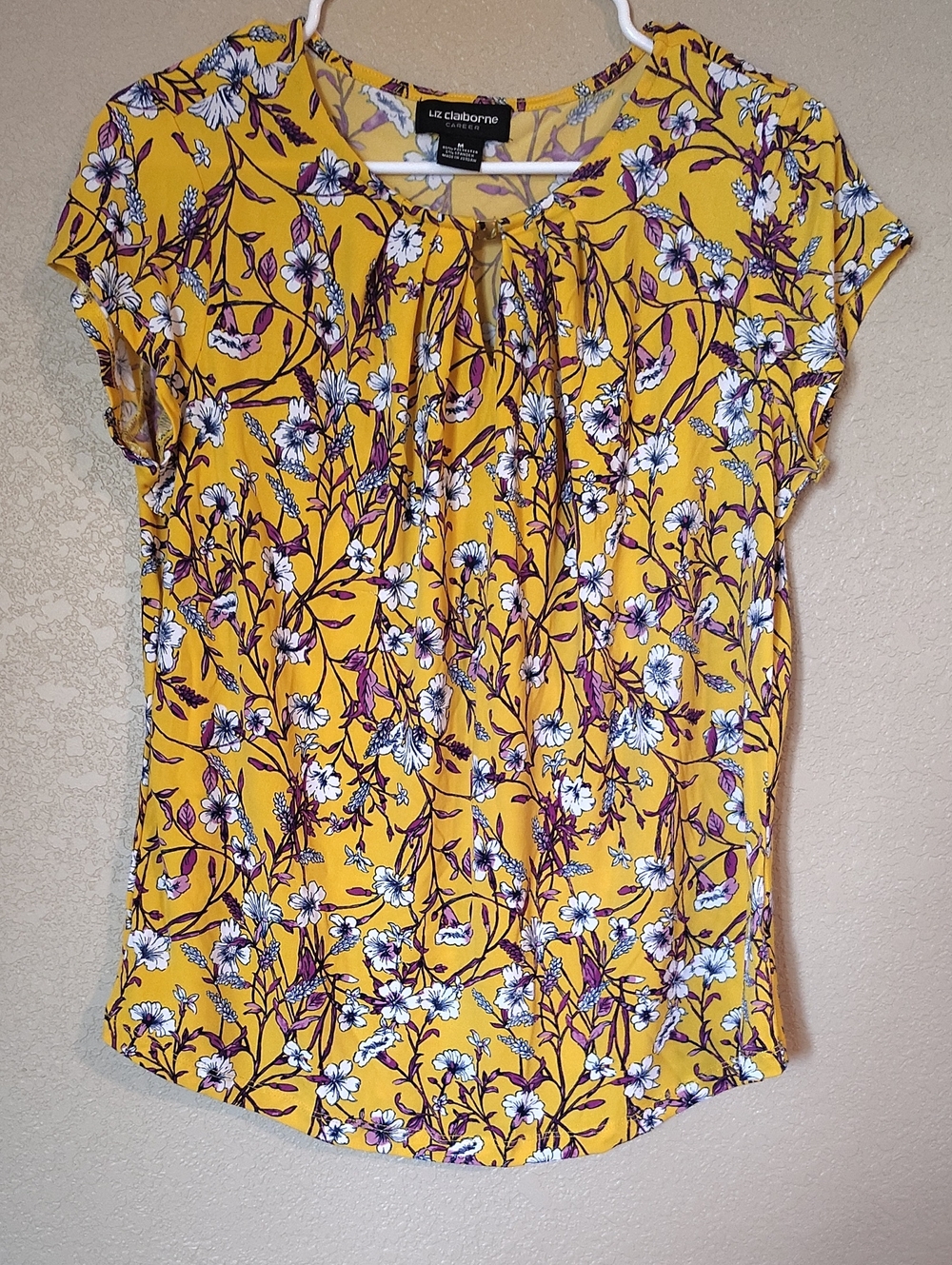 Liz Claiborne Yellow Floral Tie-Neck Short Sleeve Blouse